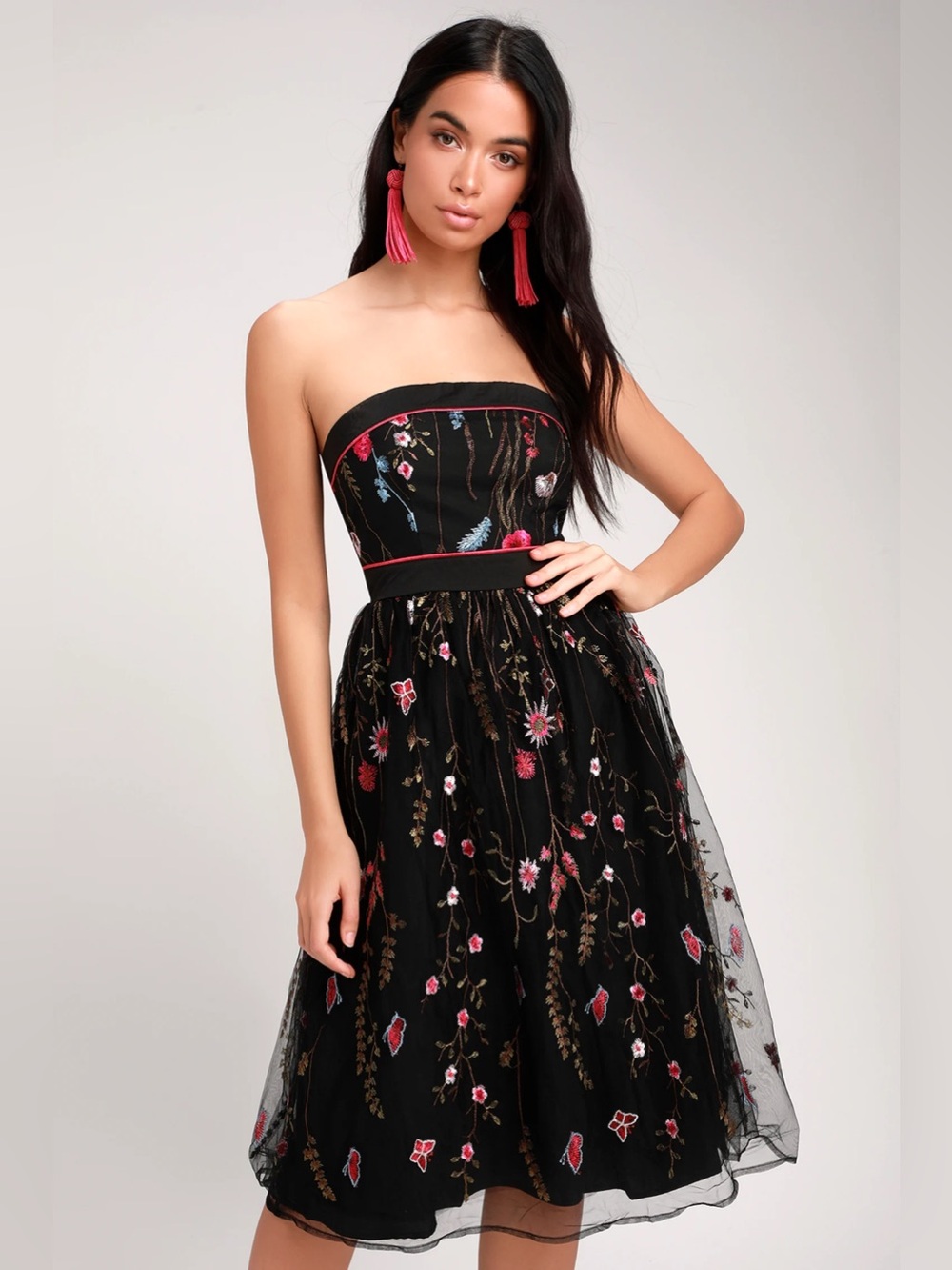 Lulus Black Embroidered Strapless Tulle Dress Floral Fit Flare XS‎ NWT